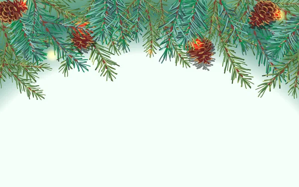 Border of green Christmas tree branches and pine cones on white background. Sparkling holiday lights. — Stock Vector