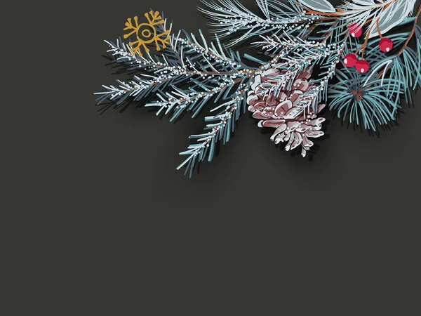 눈덮인 푸른 크리스마스 나뭇가지와 검은 배경에 콘이 달린 나무. — 스톡 벡터