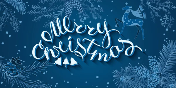 God jul-handstil. Blå julgran grenar och kottar på en mörkblå bakgrund. — Stock vektor