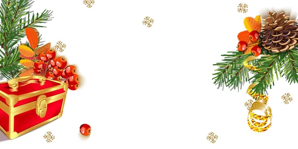 具有松果、红罗文浆果和白色背景礼品盒的圣诞树分枝的组成. — 图库矢量图片