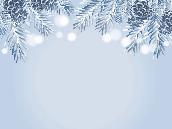 Blue Christmas tree branches and pine cones on white background. — Stock Vector