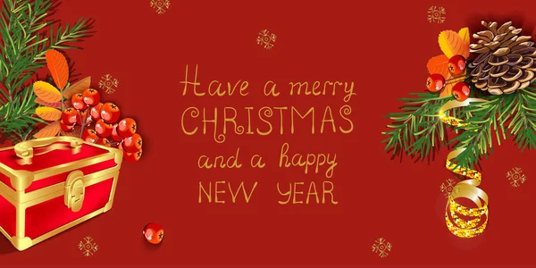 Composizione di rami di albero di Natale con pigne, bacche di Rowan rosse e confezione regalo su sfondo rosso . — Vettoriale Stock
