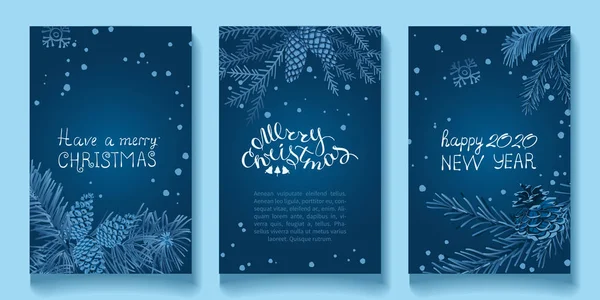 Ramas azules del árbol de Navidad y conos de pino sobre un fondo azul oscuro, letras de la mano . — Archivo Imágenes Vectoriales