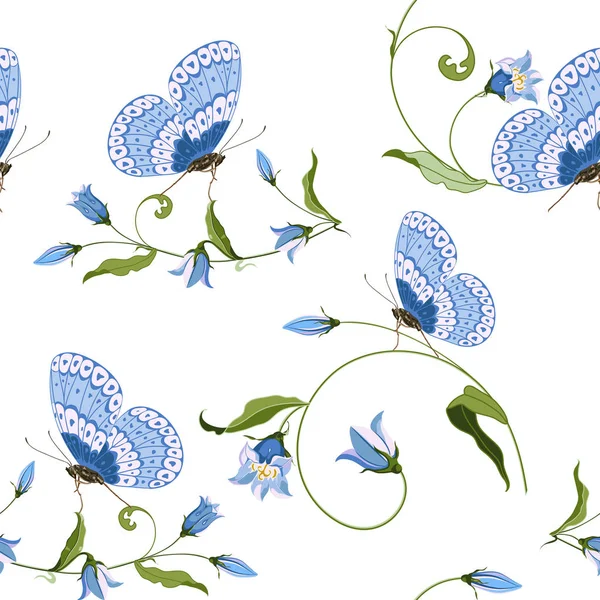 Seamless pattern with wild blue bell flowers and butterfly on white background. — ストックベクタ