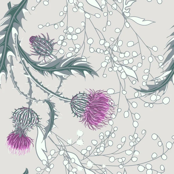 手描きのアザミの花の構成。パステルカラーを背景にミルクアザミとシームレスなパターン. — ストックベクタ