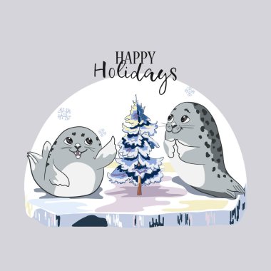 İki karikatür bebek. Buz kütlesi ve mavi köknar ağacı..