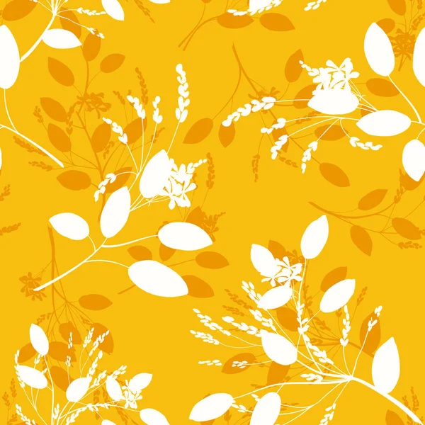Fondo floral de moda con hojas y flores silvestres en color amarillo-blanco, silueta . — Vector de stock