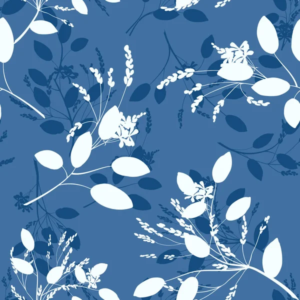 Trendiger floraler Hintergrund mit Blättern und Wildblumen in weiß mit blauer Farbe, Silhouette. — Stockvektor