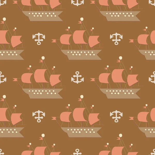 Cute Childish hand drawn sailboat and anchor on brown background. — 图库矢量图片