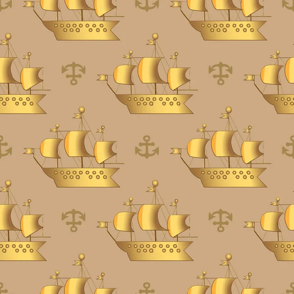 Cute Childish hand drawn golden sailboat and anchor on light brown background. — Stock Vector