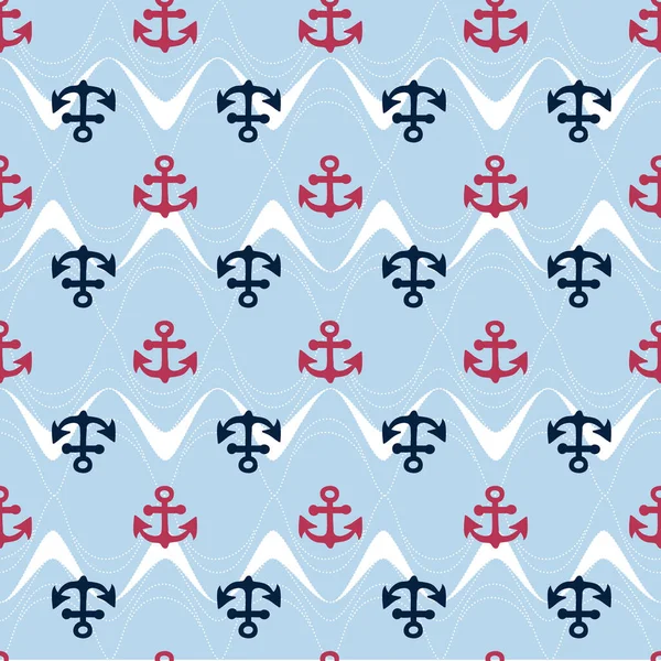 Cute Childish hand drawn red and blue anchor on a background of blue waves. — ストックベクタ