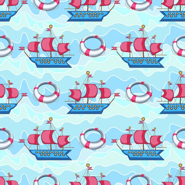 Cute Childish hand drawn sailboat and lifebuoy on a background of blue waves. — ストックベクタ