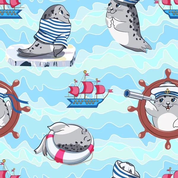Seal pup with marine elements, lifebuoy, sailor tshirt, captains cap, steering wheel and sailboat. — ストックベクタ