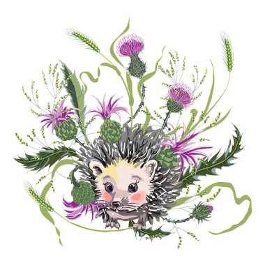 Cute hedgehog among wild herbs and milk Thistle clipart