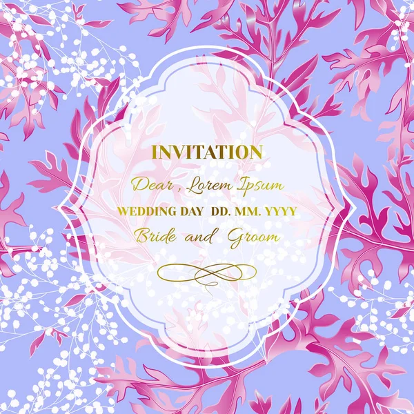 Wedding invitation on colorful floral background of tropical leaves and little flowers. — Stock Vector