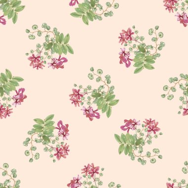 floral background with small red flowers and twigs with leaves