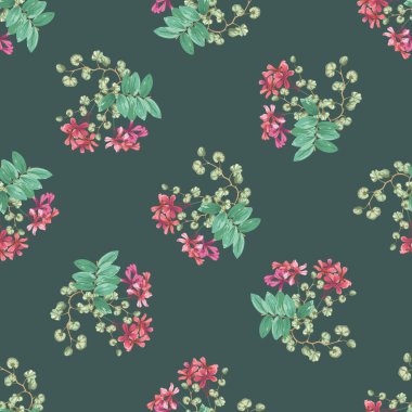 floral background with small red flowers and twigs with leaves