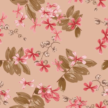 floral background with small red flowers and twigs with leaves