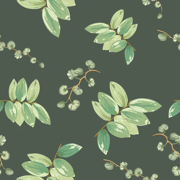 Tropical background with green exotic leaves scattered random — Stockvektor