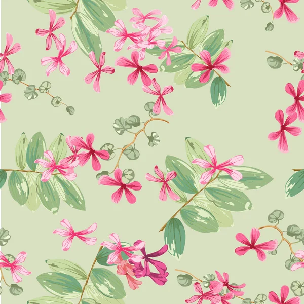 Fondo floral con pequeñas flores rojas y ramitas con hojas — Vector de stock