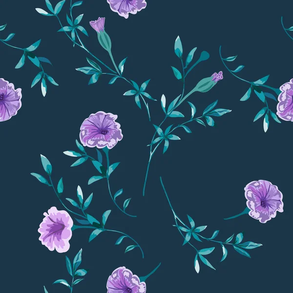 时尚的花卉背景与野生花卉和树枝 手拉在深蓝色的手绘风格 盛开的植物图案散布随机 时尚版画的矢量无缝图案 — 图库矢量图片