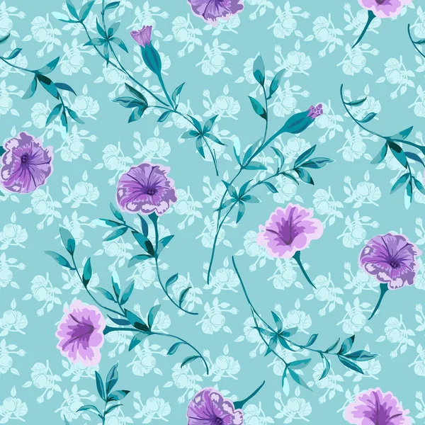 Trendy floral background with wild flowers and twigs with leaves in hand drawn style on light blue. Blooming botanical motifs scattered random. Vector seamless pattern for fashion prints.