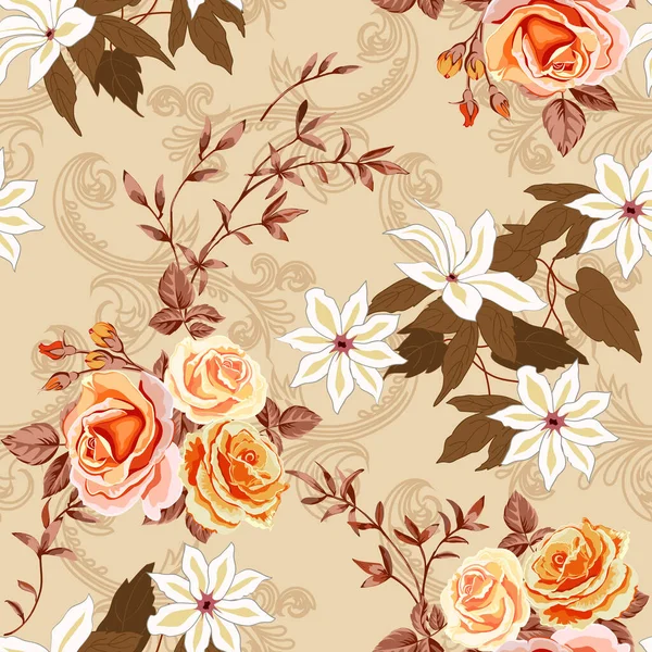 Модный Цветочный Фон Желтыми Оранжевыми Розами Белые Лилии Стиле Ручной — стоковый вектор