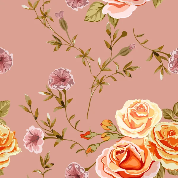 Trendy Floralen Hintergrund Mit Gelben Orangefarbenen Rosen Blumen Und Zweige — Stockvektor
