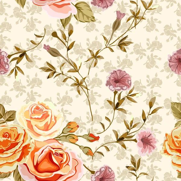 Модний Квітковий Фон Жовтими Помаранчевими Трояндами Квітами Гілочками Листям Стилі — стоковий вектор