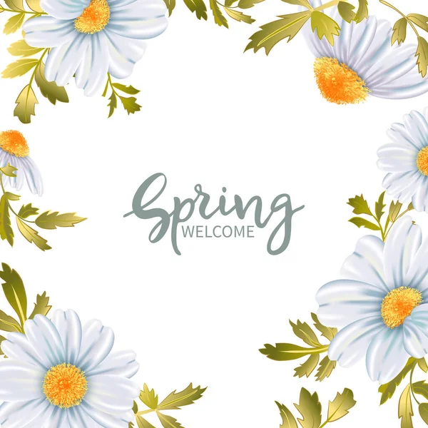 白いカモミールの境界線と花の背景 春へようこそ バナー招待状グリーティングカード — ストックベクタ