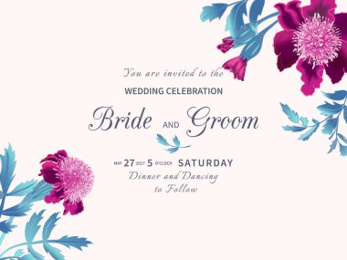 Çiçekli, pembe çiçekli ve beyaz arkaplanlı bir düğün davetiyesi. Vektör illüstrasyonu.