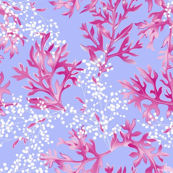 Seamless pattern with colorful tropical leaves and little flowers on purple background. — Stock Vector