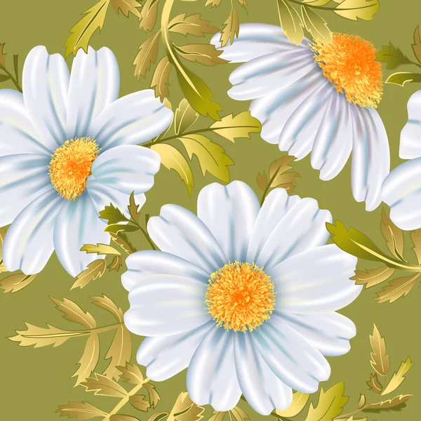 Flor de manzanilla blanca de cerca sobre fondo de oliva . — Vector de stock