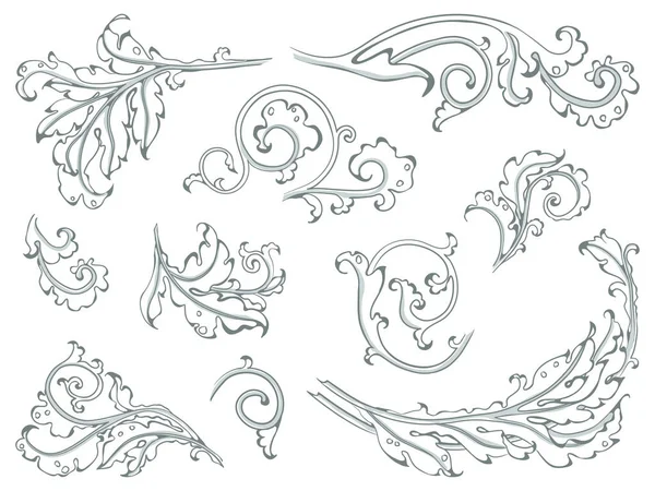 Ornamento antigo em estilo barroco de folhas de acanto. Conjunto de vetores preto e branco . — Vetor de Stock