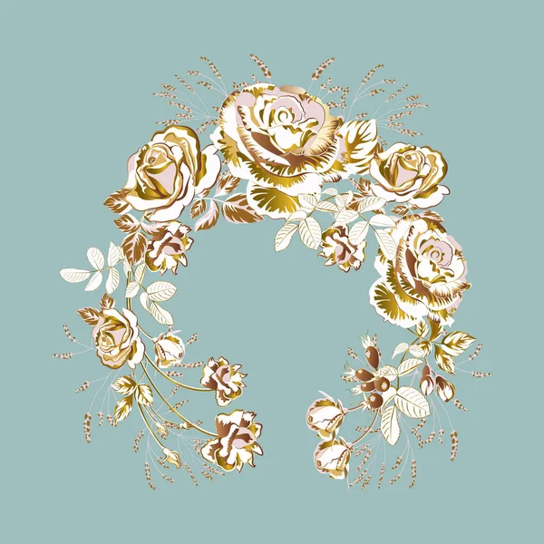 Wreath Baroque Style Gorgeous Golden Roses Monogram Floral Retro Flower — Stock Vector