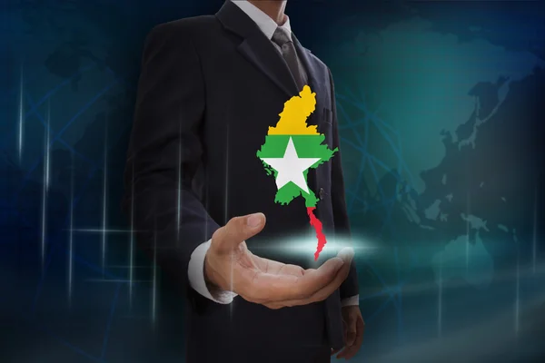 Businessman with map and flag of Myanmar — Stock Photo, Image