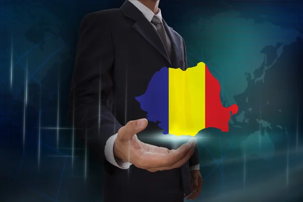 Empresario con mapa y bandera de Rumania — Foto de Stock