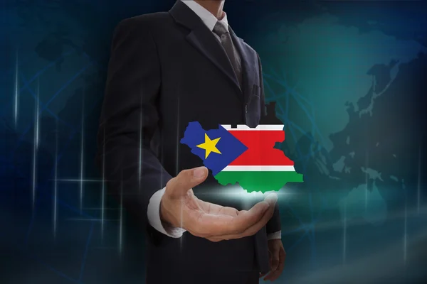 Empresário com mapa e bandeira de Sudão do Sul — Fotografia de Stock