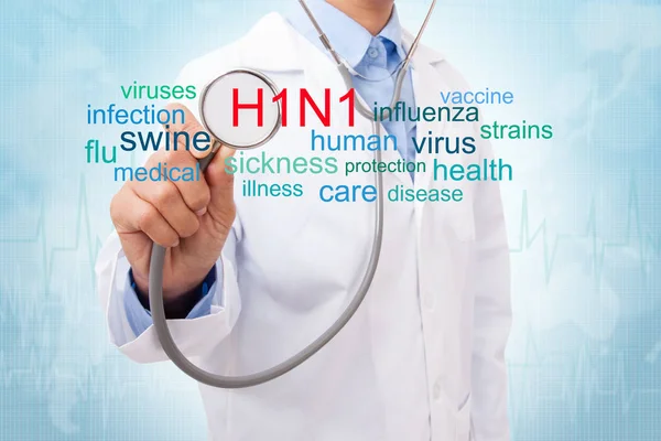 Γιατρός με h1n1 σύννεφο λέξεων. ιατρική έννοια — Φωτογραφία Αρχείου