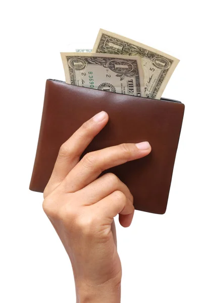 Hand mit Geld im Geldbeutel auf weißem Backboden — Stockfoto