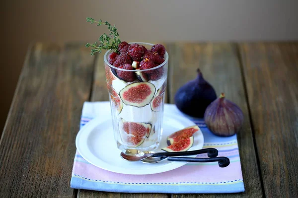 Breakfast with cottage cheese, figs & raspberries Stock Photo