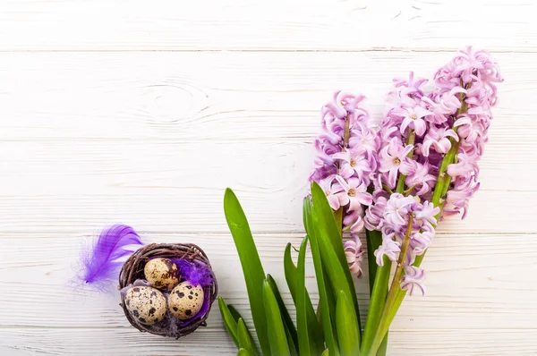 Latar belakang Paskah. Bunga musim semi Hyacinth dan sarang dengan telur di latar belakang kayu putih — Stok Foto