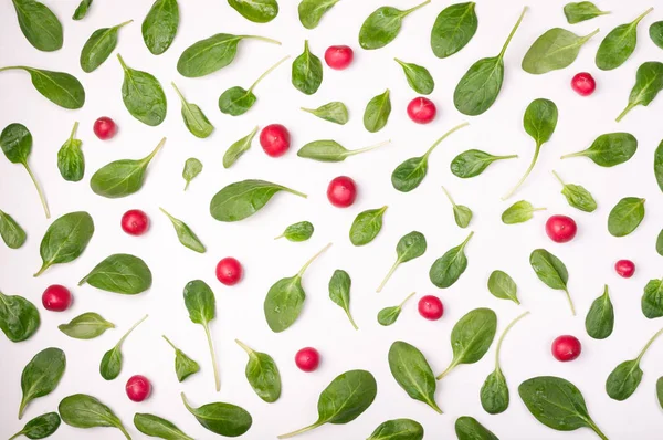 Foglie di spinaci e ravanello su sfondo bianco. Modello di spinaci e verdure isolate. Concetto di cibo creativo. Ingrediente per insalata. Posa piatta — Foto Stock
