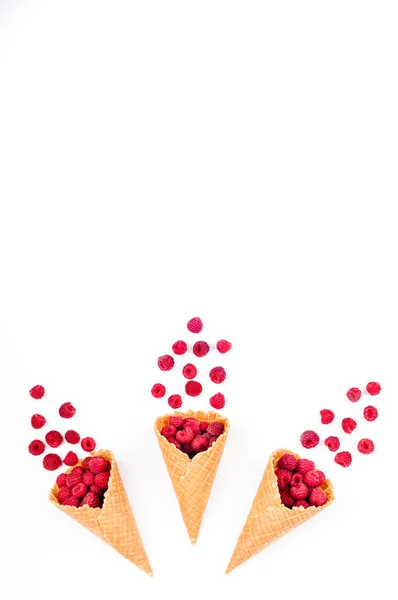 Ice cream cones with raspberries on white. Healthy eating and diet concept. Berries dessert — Stock Photo, Image