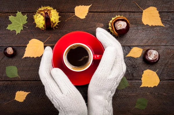 Womans hands holding coffee cup on wooden table with autumn leaves and chestnuts. Autumn — Stock Photo, Image