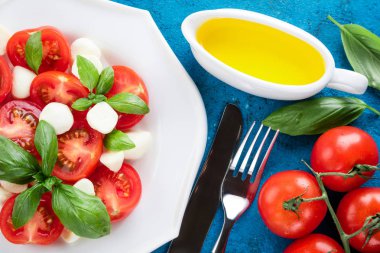 Caprese salatası. Mozzarella peyniri, domates, zeytin yağı ve fesleğen bitki beton masada bırakır