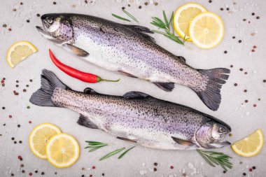 Taze balık. Tuz, limon ve gri arka plan üzerinde baharatlar ile alabalık. Otlar rosemary ile Balık Pişirme