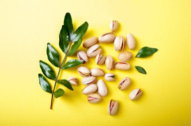Pistachios with leaves on yellow background, top view. Set of pistachio nuts clipart