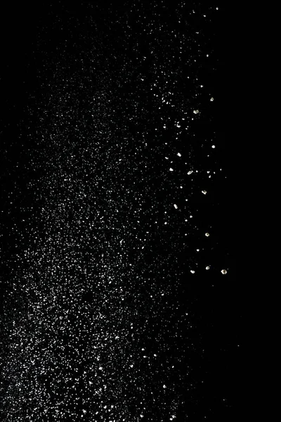 White powder splash isolated on black background. Flour sifting on a black background. Explosive powder white