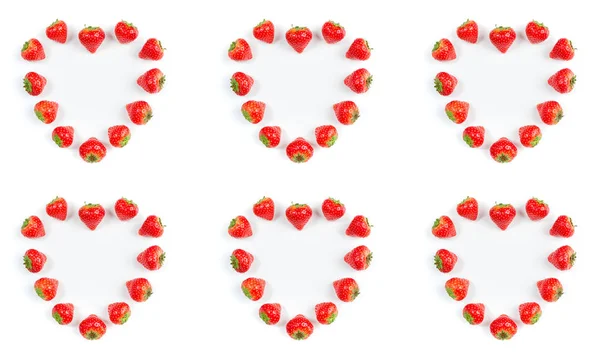 白色背景的草莓，顶视图。 贝里斯模式。 红心框,由新鲜草莓制成,底色洁白 — 图库照片